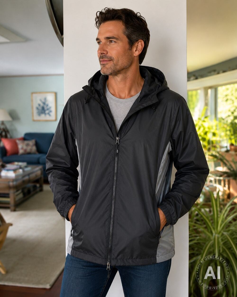 5 Apparel Men’s Hooded Rain Jacket Black Gray Full Zip Lightweight Windbreaker L